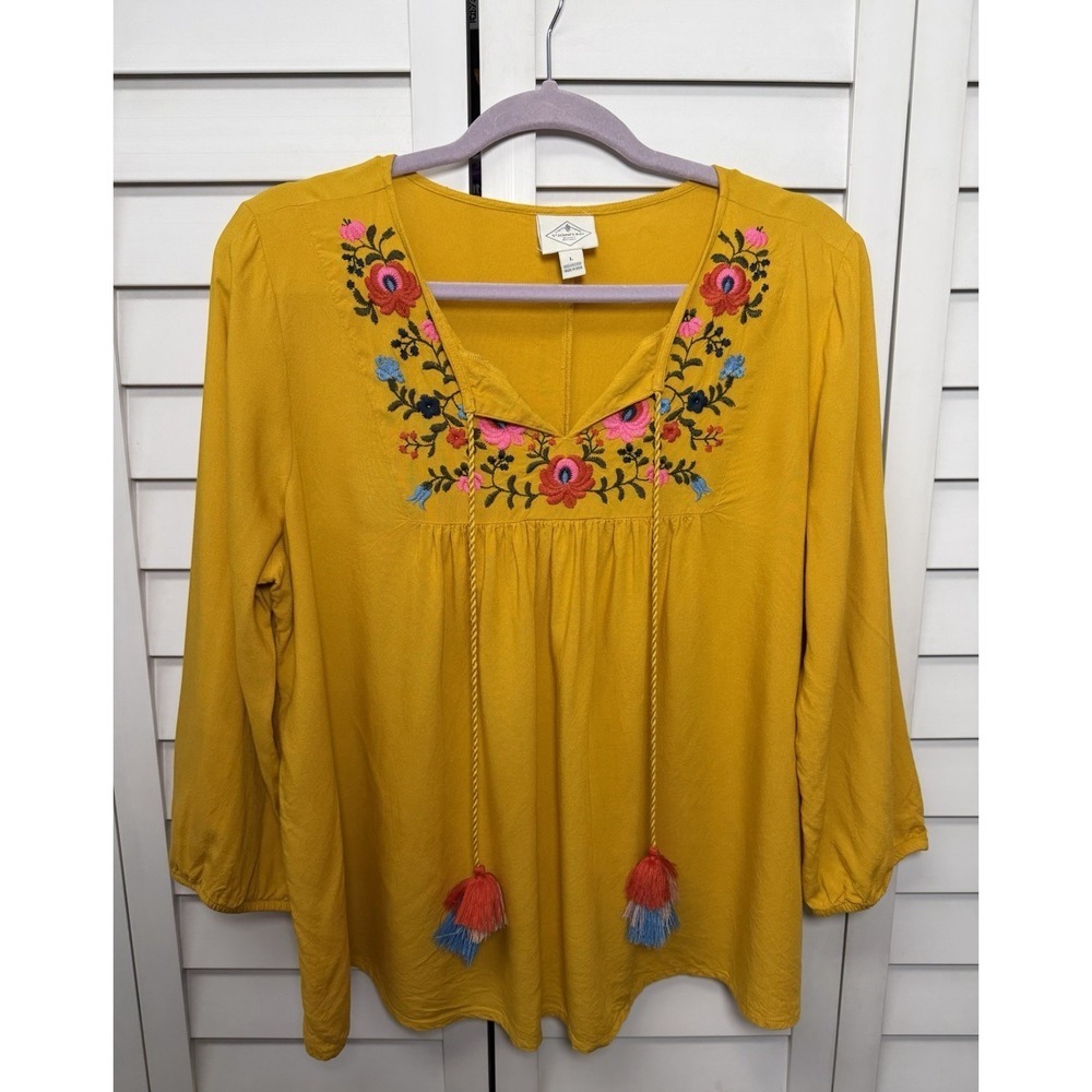 St. John's Bay Floral Embroidered Tasseled Peasant Top Women's Size Large